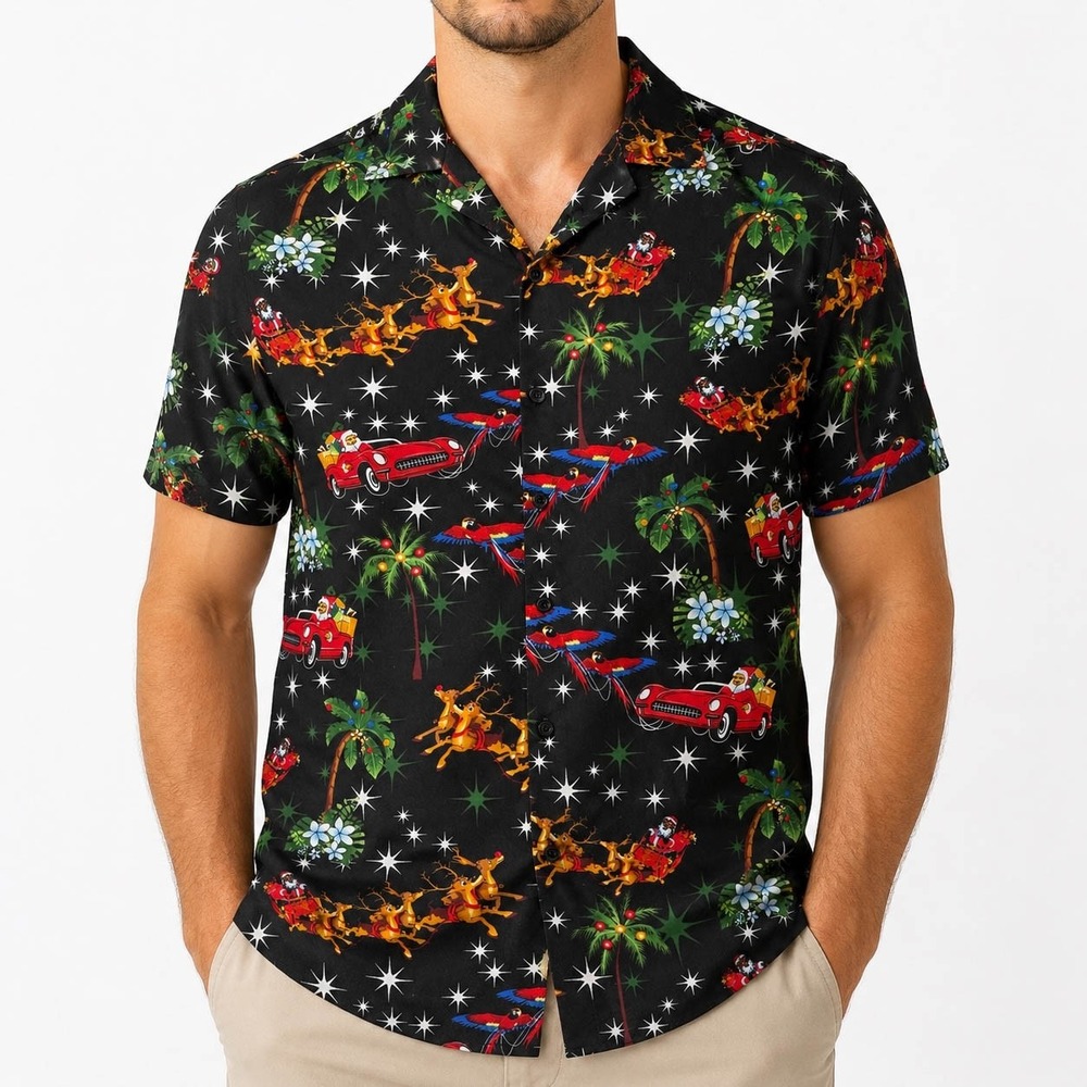 SSLR Mens Christmas Hawaiian Shirt Santa Convertible Reindeer Black NEW